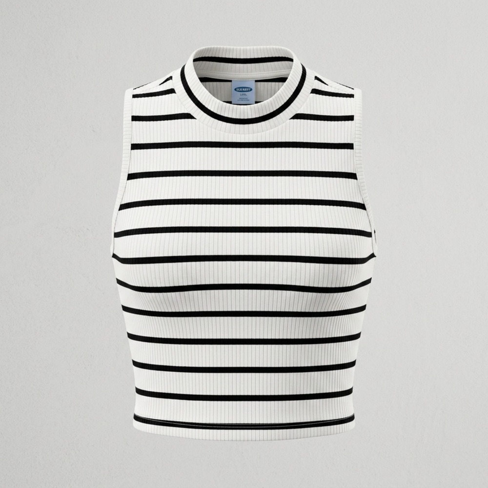 Old Navy Womens Large Black White Striped Ribbed Mock Neck Tank Top Sleeveless
